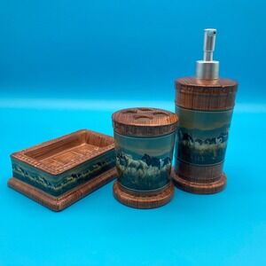 VTG Sears "Band of Thunder" 3-Pc Ceramic Horse Bathroom Accessories Set Western